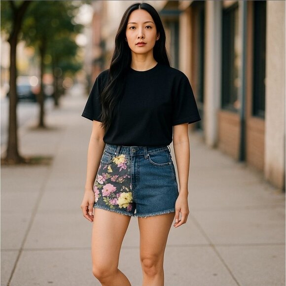 Dollhouse Floral Patch Denim Shorts 8 – Frayed Hem Blue Jean Summer Vibes EUC - Picture 7 of 7